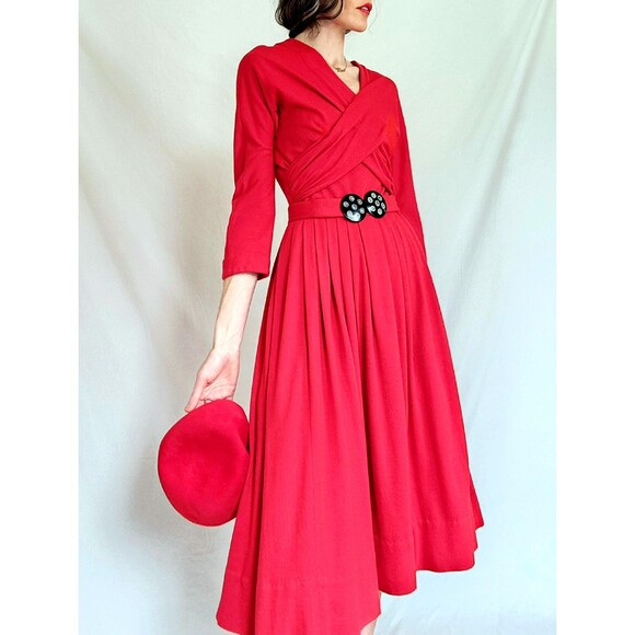 Vintage 1940s Red Wool Dress, Matching Hat, Rhinestone Belt, Women's Small - Picture 7 of 16